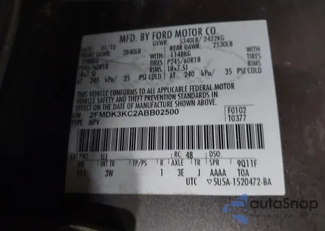 2010 Ford Edge Limited from USA, damaged, VIN 2FMDK3KC2ABB02500